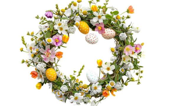 Festive Easter Egg Wreath Sprinkled with Cheerful Spring Blooms Isolated on Transparent Background PNG.