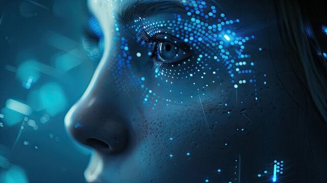 Human Face In Blue Colors, Concept Of Artificial Intelligence