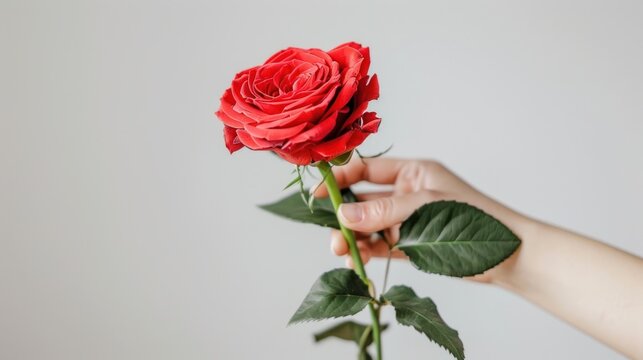 Hand holding beautiful fresh red rose flower white background. AI generated image