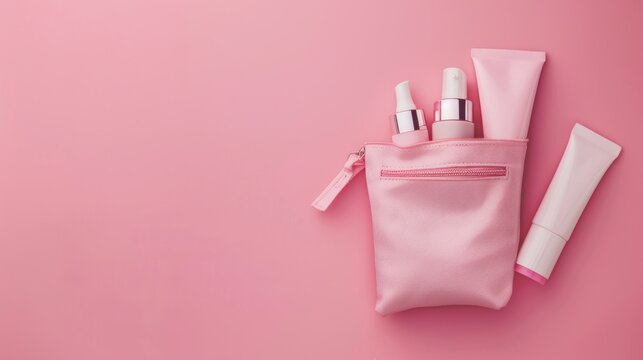Top view cosmetic bag and creams set isolated pink background. AI generated image