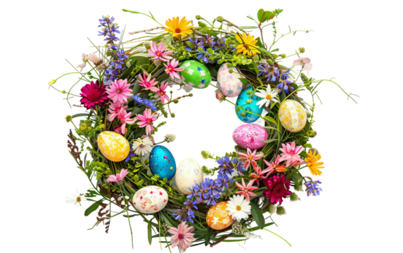 Easter Egg Wreath Adorned with Spring Flowers Isolated on Transparent Background PNG.