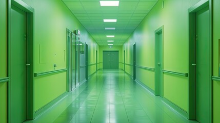 Obraz premium Illuminated Passage With Green Walls And Doors In Hospital