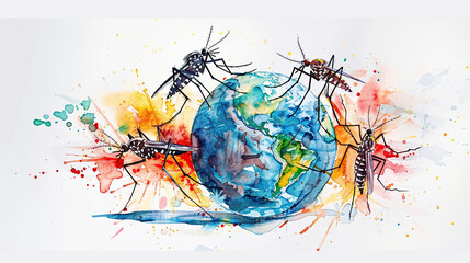 watercolor illustration art of earth attacked by mosquitoes causing malaria World Malaria Day logo 25 april