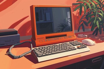 Fototapeta premium Computer Sitting on Top of Desk Next to Plant