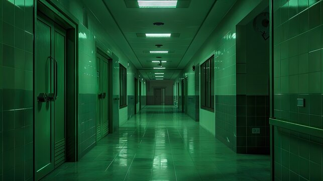 Illuminated Passage With Green Walls And Doors In Hospital