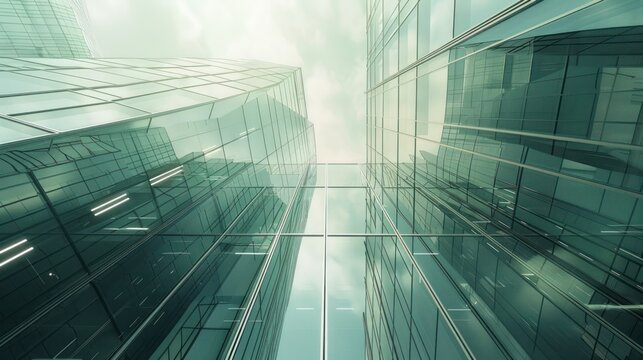 From below glass buildings with perspective view of blue sky. AI generated image