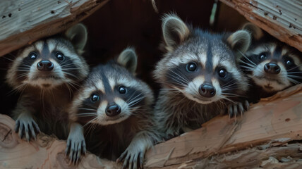 Four baby raccoons peering out from an old wooden structure. - obrazy, fototapety, plakaty