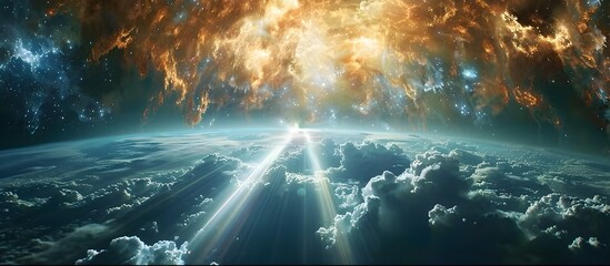 Cinematic Space Scene of Earth and Heavenly Explosion of Light, Symbolizing the power and beauty of the divine, this image is perfect for projects
