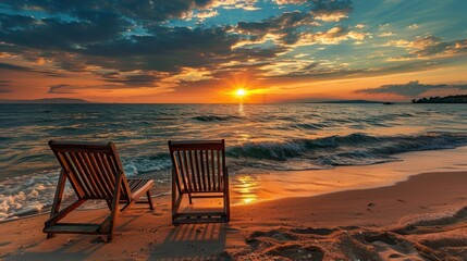 Two beach chairs on the beautiful evening sea coast landscape. AI generated image - obrazy, fototapety, plakaty