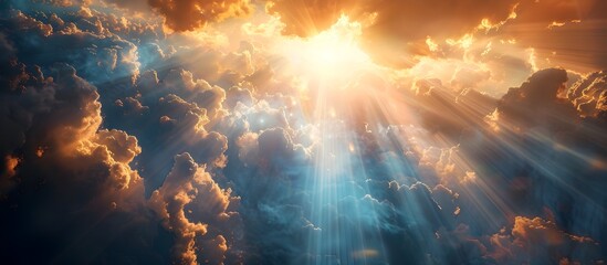 Divine Light Shining Through Clouds, To convey a sense of spirituality and divine presence, inviting viewers to reflect on their connection to a - obrazy, fototapety, plakaty