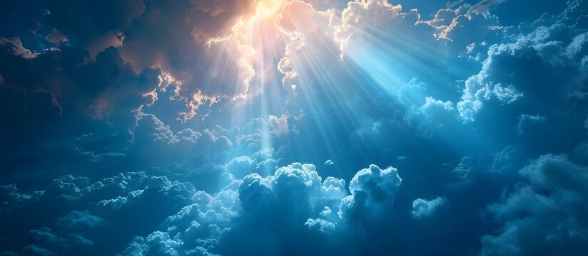 Divine Light Shining Down from Heaven, To convey a message of faith, spiritual illumination, and transcendence through a stunning image of a blue sky