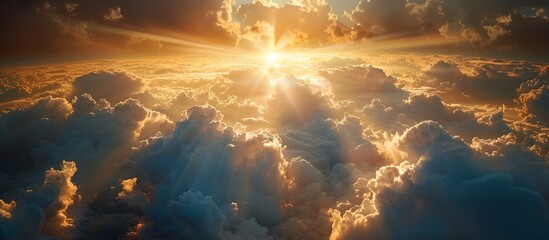 Golden Rays of Sun Shining through Swirling Clouds from Heavens Vantage