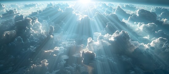 God Rays Shining Down on Earth from a High Perspective, To convey a sense of tranquility and awe at the beauty of nature and the divine presence in