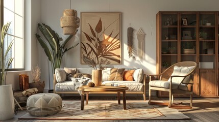 Stylish and design home interior of living room with bohemian poster. AI generated image