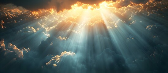 Divine Light Breaking Through Dark Clouds in Heaven, This inspiring and spiritual image is perfect for conveying messages of hope, faith, and divine