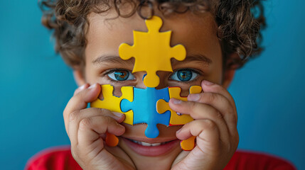 world autism awareness day, autism disorder awareness, a boy peeking through colorful puzzle,  child mental health concept, world autism awareness day