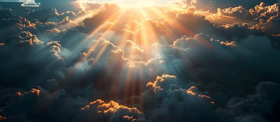 Sun Rays Shining Through Clouds in Heaven, To convey a sense of tranquility, wonder, and spiritual illumination in a natural setting, suitable for