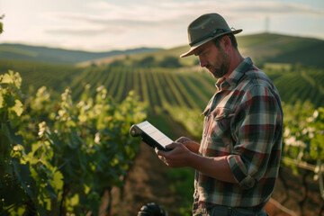 Agronomist Assessing Vineyard Quality with Digital Tablet.  