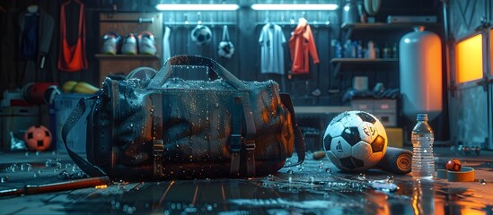 Soccer Gear Duffel Bag in Cinematic Locker Room, To convey a sense of dedication and preparation for a soccer game or practice - obrazy, fototapety, plakaty
