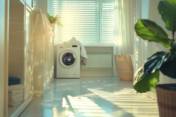Laundry room interior. Washing machine and wicker basket. Generative AI