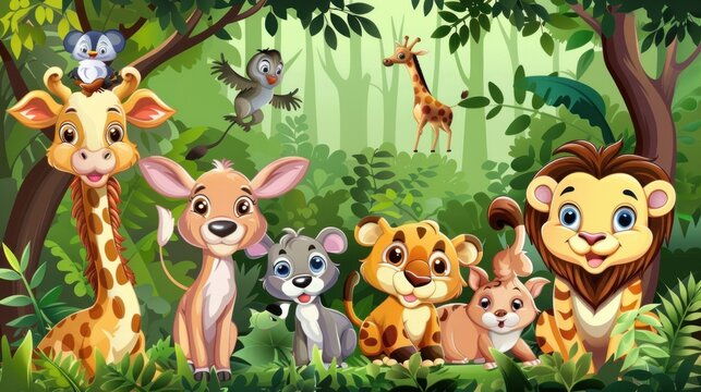 Wild animals cartoon collection on natural background, AI generated image