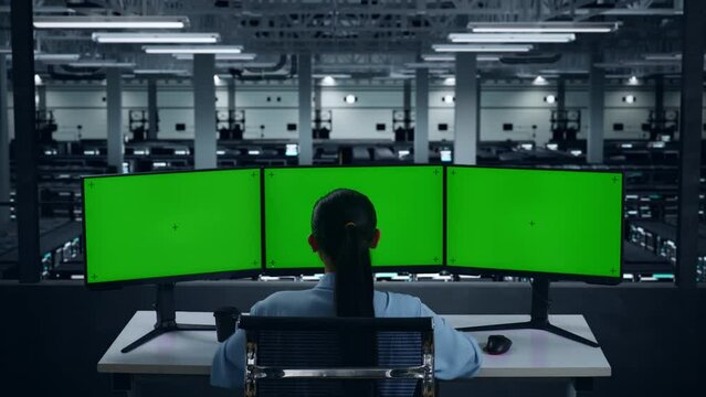 Back View Of Happy Asian Woman Celebrating And Dancing While Working With Mock Up Multiple Computer Monitor In Data Center
