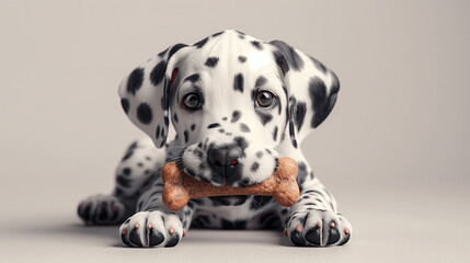 Jeune chien ou chiot de race dalmatien mange un os, animal mignon en 3D réaliste - obrazy, fototapety, plakaty