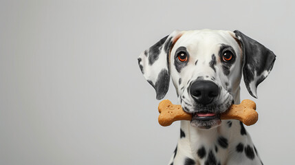 Jeune chien de race dalmatien mange un os, animal mignon en 3D réaliste - obrazy, fototapety, plakaty