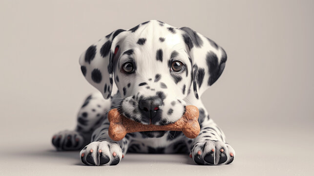 Jeune chien ou chiot de race dalmatien mange un os, animal mignon en 3D r&eacute;aliste
