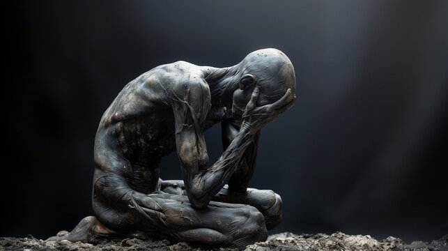 Statue en bronze d'un homme repli&eacute; sur lui-m&ecirc;me et fondant en larme : sant&eacute; mentale, psychiatrie et d&eacute;pression