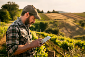 Agronomist Assessing Vineyard Quality with Digital Tablet. 

