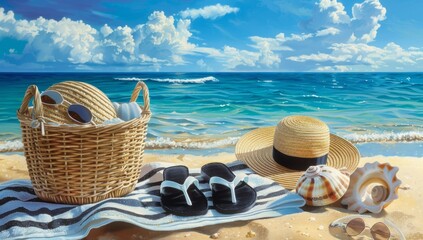 A beach towel with black and white striped flipflops, a straw hat, and a beige sea shell beside it on the sand of an exotic island with a clear blue sky and ocean in the background Generative AI - obrazy, fototapety, plakaty