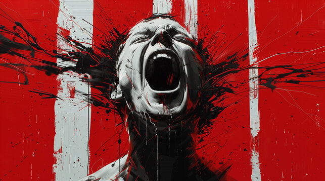 Homme au cerveau qui explose sur fond rouge : probl&egrave;me de sant&eacute; mentale, maladie psychiatrie : d&eacute;pression, troubles anxieux, bipolarit&eacute;, schizophr&eacute;nie