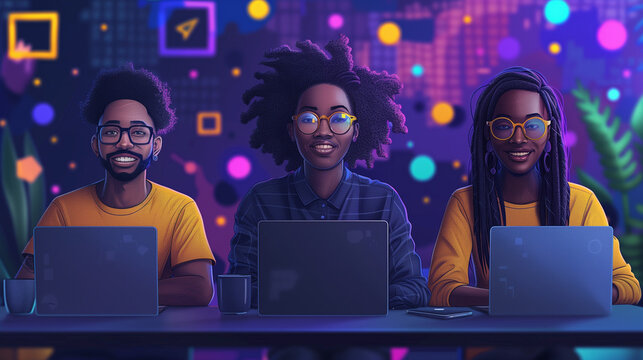Illustration de trois d&eacute;veloppeurs devant leur ordinateur, diversit&eacute; en entreprise et inclusion, travailleur du num&eacute;rique, freelance ou entrepreneur ind&eacute;pendant