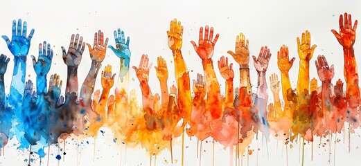 Variety of raised hands on white backdrop. Watercolor illustration. Banner with copy space. Concept of election, voting, electoral process, unity, diversity, American presidential elections