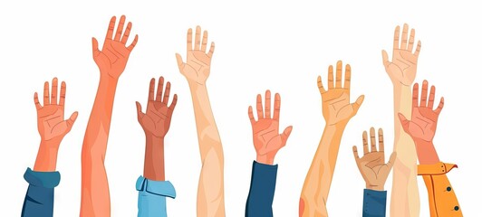 Obraz premium Diverse group of hands up in a gesture of voting or volunteering. Concept of elections, civic duty, multicultural democracy, voting, electoral process, unity, diversity, togetherness. White background