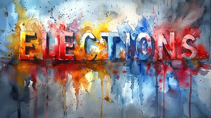 Bright watercolor painting spelling ELECTIONS with aquarelle splatters. Concept of election campaign, political art, voting, call to action, creative advocacy, electoral engagement. Banner - obrazy, fototapety, plakaty