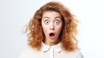 Excited woman with a shocked expression, wide eyes, open mouth. White background. Concept of surprise announcement, unexpected news, joyful reaction, promotional content. Banner.