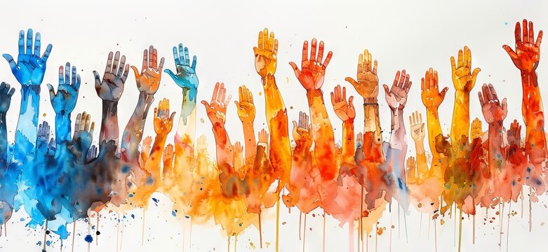 Variety of raised hands on white backdrop. Watercolor illustration. Banner with copy space. Concept of election, voting, electoral process, unity, diversity, presidential elections, African American