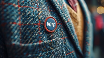 Close up of VOTE button on men's jacket with blurred background. Male voter. Concept of elections, personal voter expression, political awareness, active citizenship - obrazy, fototapety, plakaty