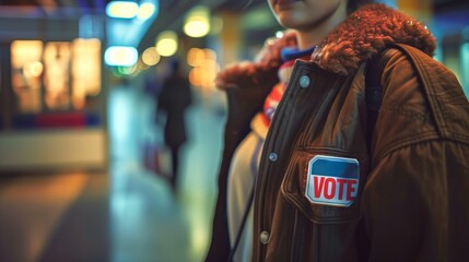 Woman with VOTE badge on her jacket at a polling station. Concept of election day, voting awareness, elections, democratic process, civic duty, voter turnout, and national pride - obrazy, fototapety, plakaty