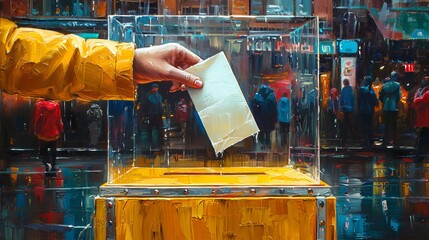 Illustration of hand placing a ballot into a voting box. Voter. Person voting. Oil painting style. Concept of democracy, presidential elections, civic duty, digital art. - obrazy, fototapety, plakaty