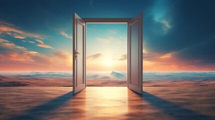 Open doors leading to a sunrise on the horizon. Concept of new beginnings, hope, freedom, travel, adventure, discovery, the unknown, mystery, endless possibilities.