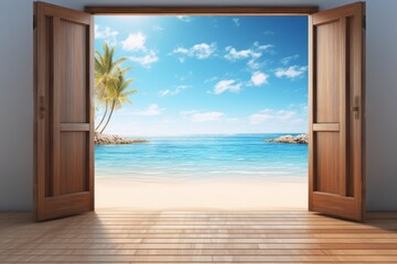 Open doors leading to a tropical beach paradise with clear water. Concept of escape, vacation, peaceful retreats, heavenly shorelines, calmness,  freedom, adventure, limitless possibilities.