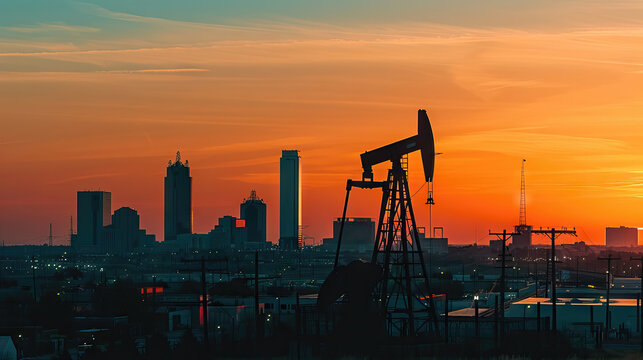 oil pump jack working on city sunset background - AI Generated