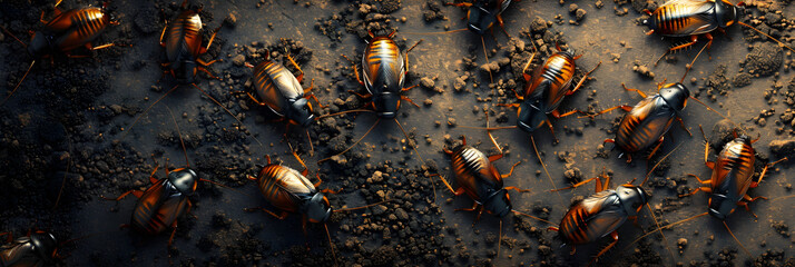 Lots of cockroaches at home textured background,
Group of cockroaches shining like gold - obrazy, fototapety, plakaty