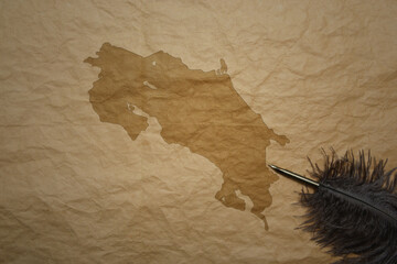 map of costa rica on a old paper background with old pen