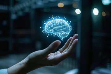 Futuristic brain hologram on hand