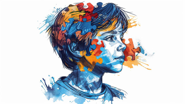 Autism Awareness Day, 2 April, a child sketch with colorful puzzle hiding its face, Autism Spectrum Disorder concept, ASD, Syndrome, Symptoms - Powered by Adobe
