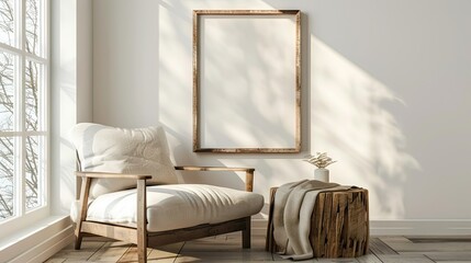 Lounge Chair And Wood Stump Side Table With Empty Blank Mock Up Frame, Rustic Minimalist Home Interior